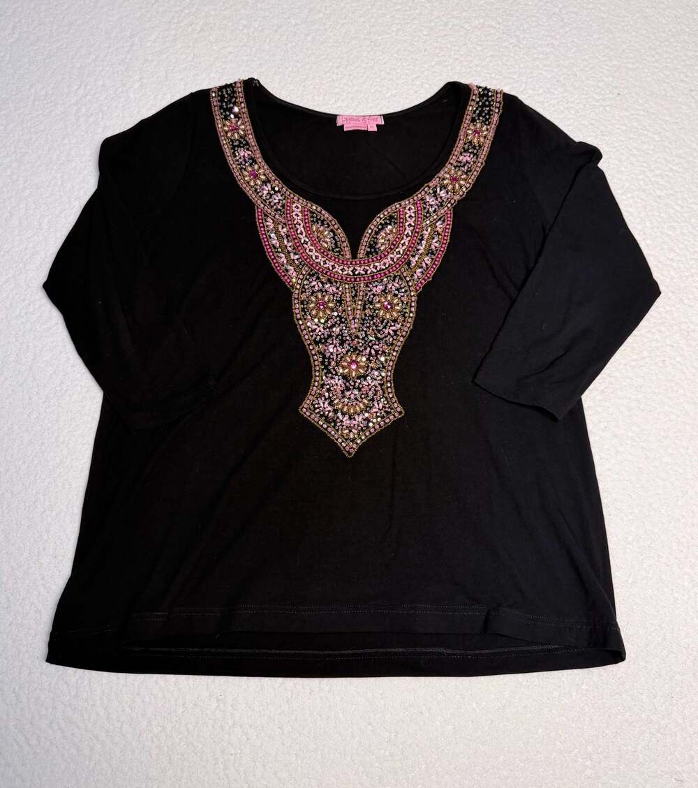 Joyous & Free Black Beaded Sequin Neckline 3/4 Sleeve Top Size XL